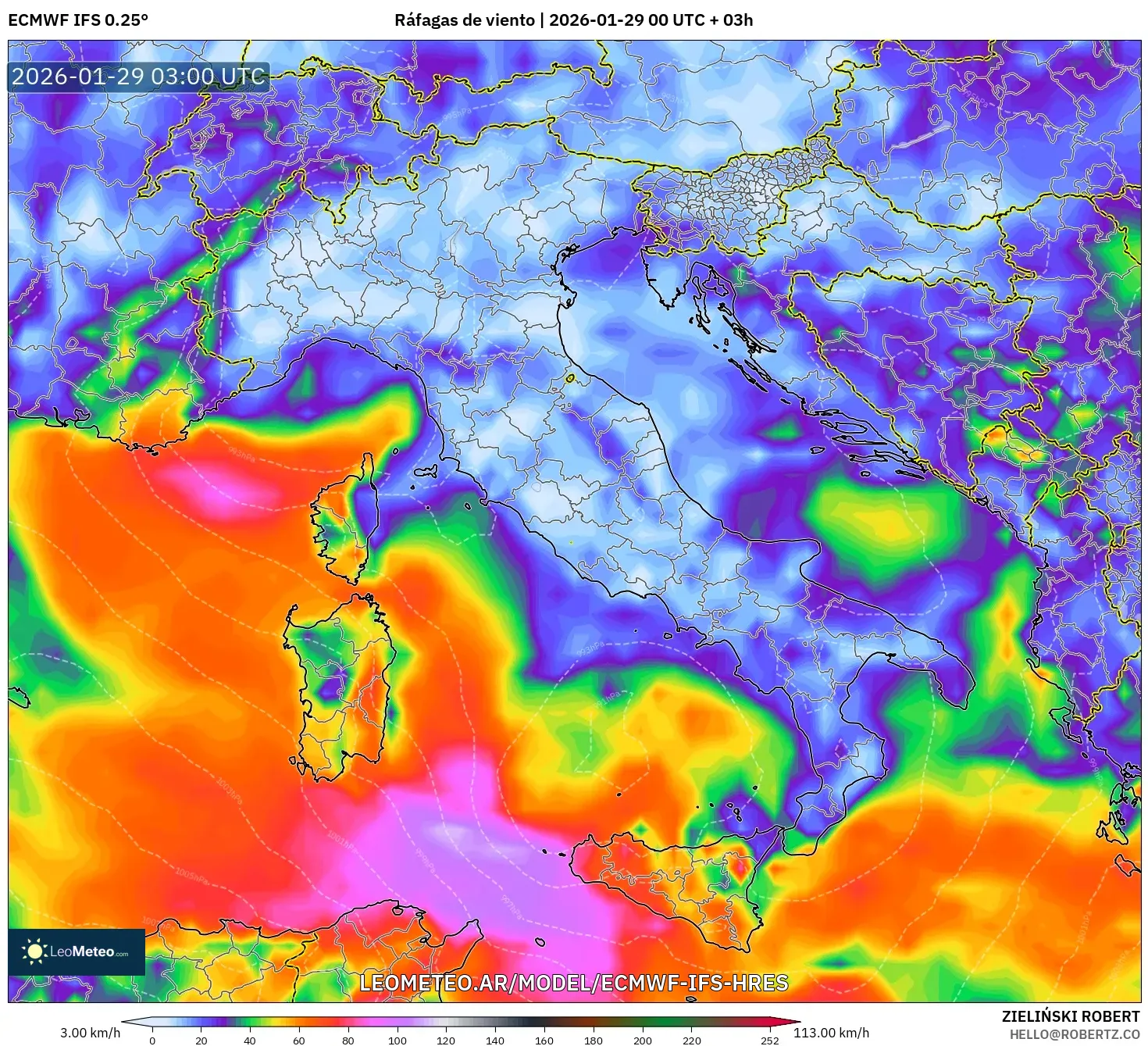 ECMWF IFS 0,25° model - Itália, Rajadas de vento