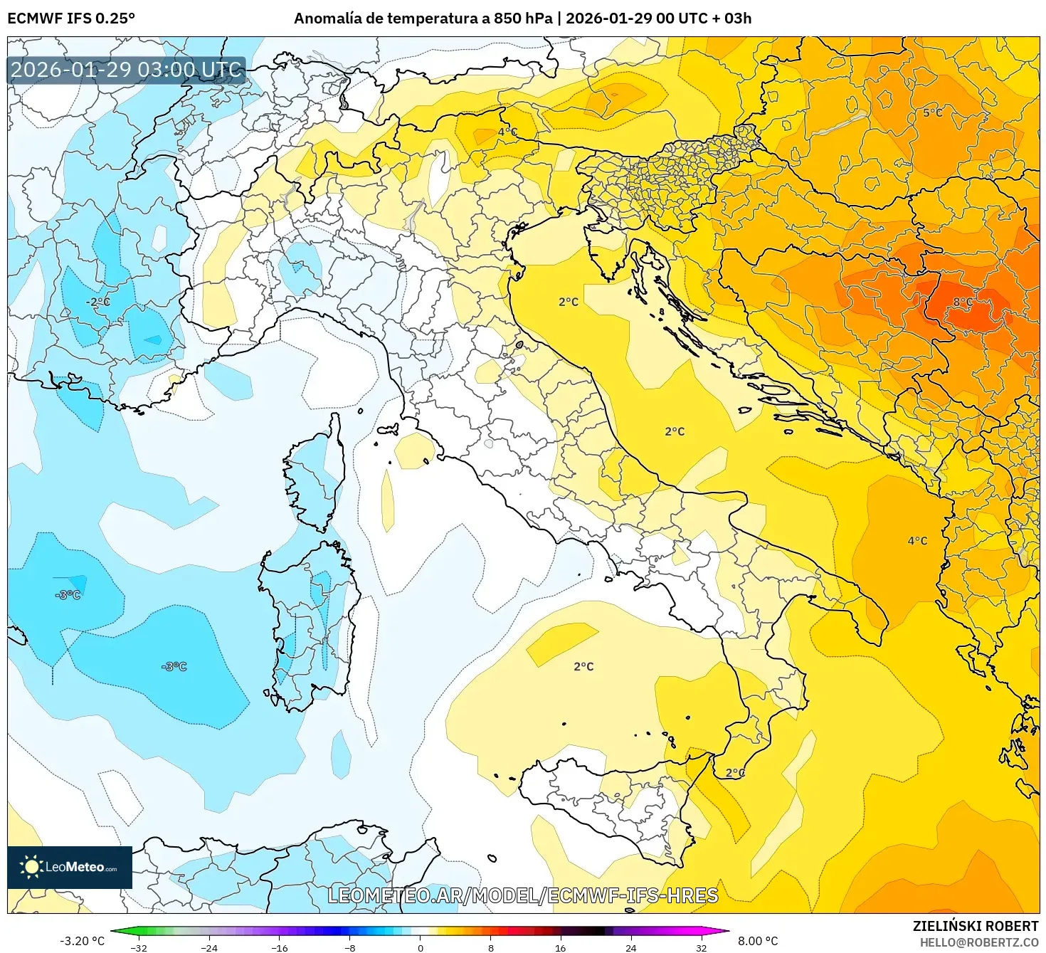 ECMWF IFS 0,25° model - Itália, Anomalia de temperatura a 850 hPa