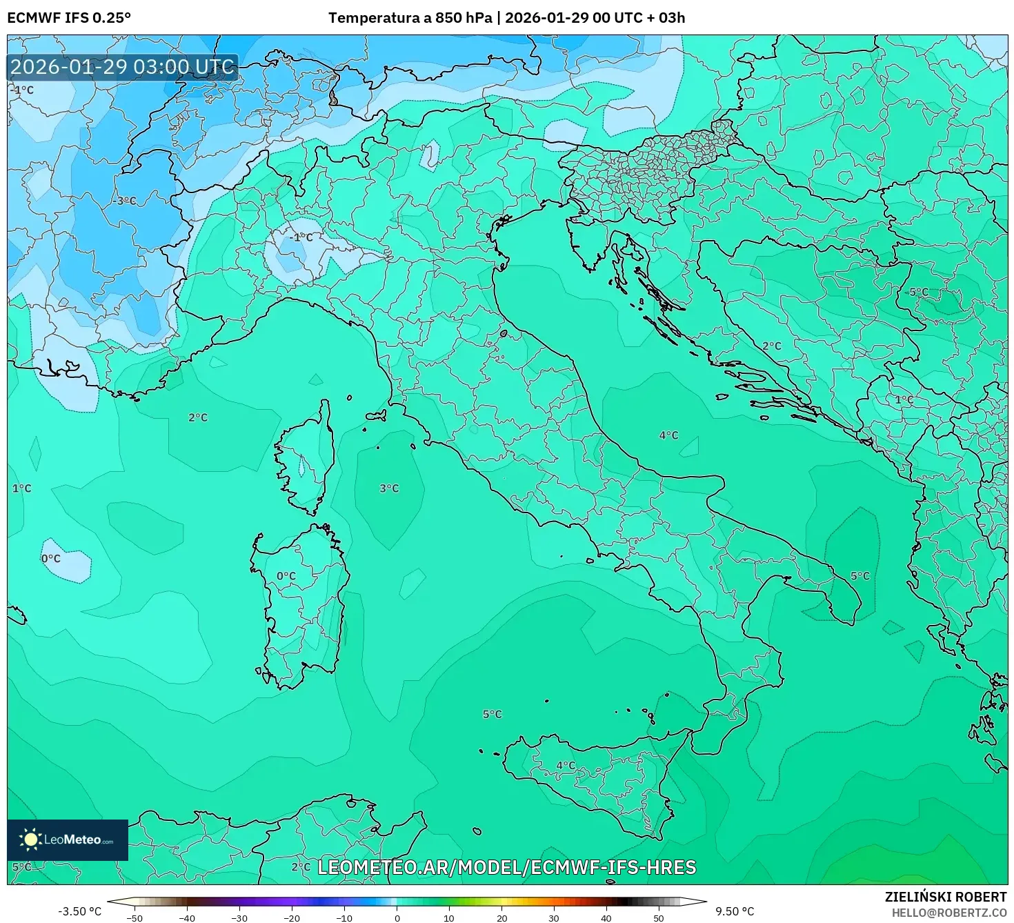ECMWF IFS 0,25° model - Itália, Temperatura a 850 hPa
