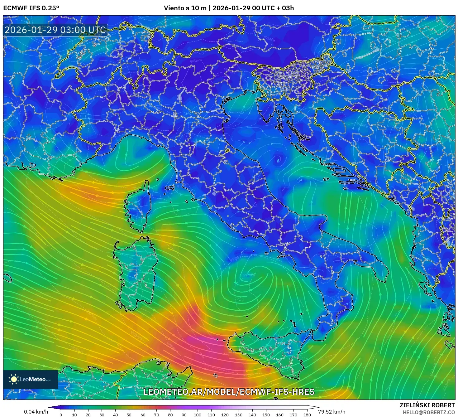ECMWF IFS 0,25° model - Itália, Vento a 10 m