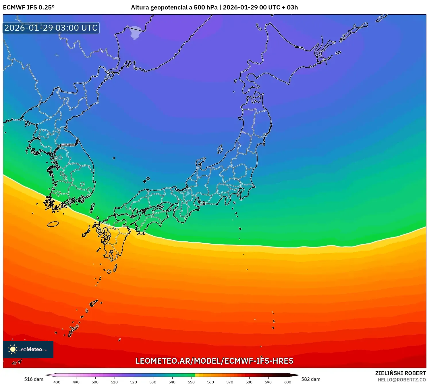 ECMWF IFS 0,25° model - Japão, Altura geopotencial a 500 hPa