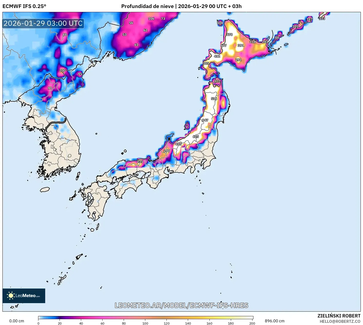 ECMWF IFS 0,25° model - Japão, Profundidade da neve