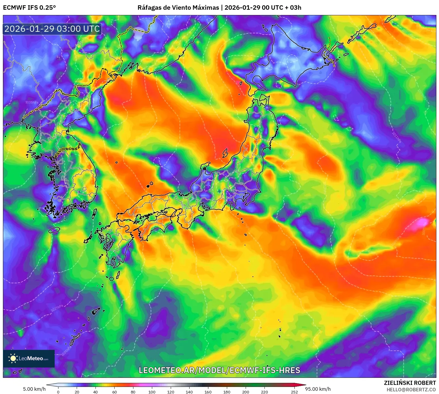 ECMWF IFS 0,25° model - Japão, Rajadas de Vento Máximas