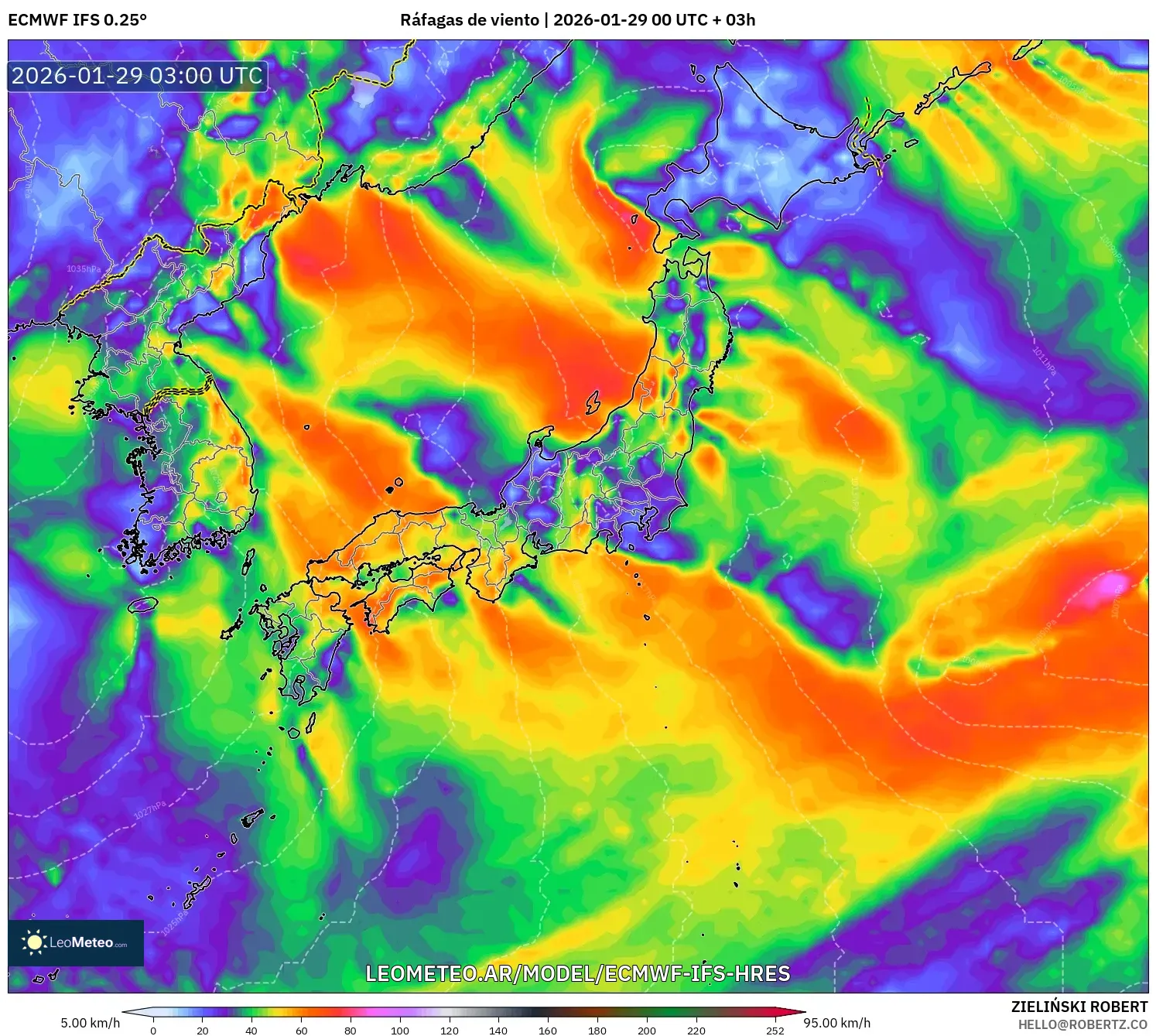 ECMWF IFS 0,25° model - Japão, Rajadas de vento
