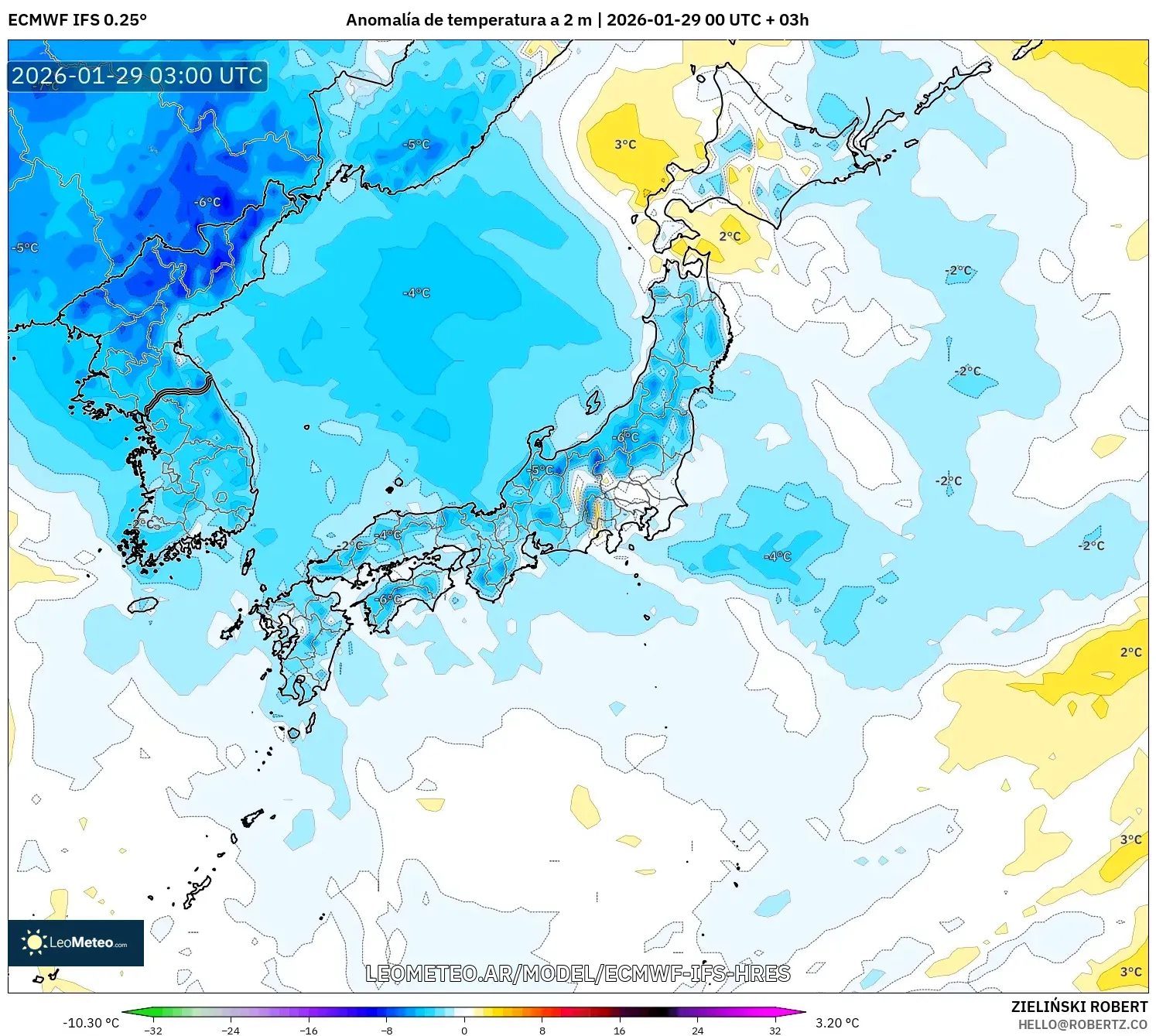 ECMWF IFS 0,25° model - Japão, Anomalia de temperatura a 2 m