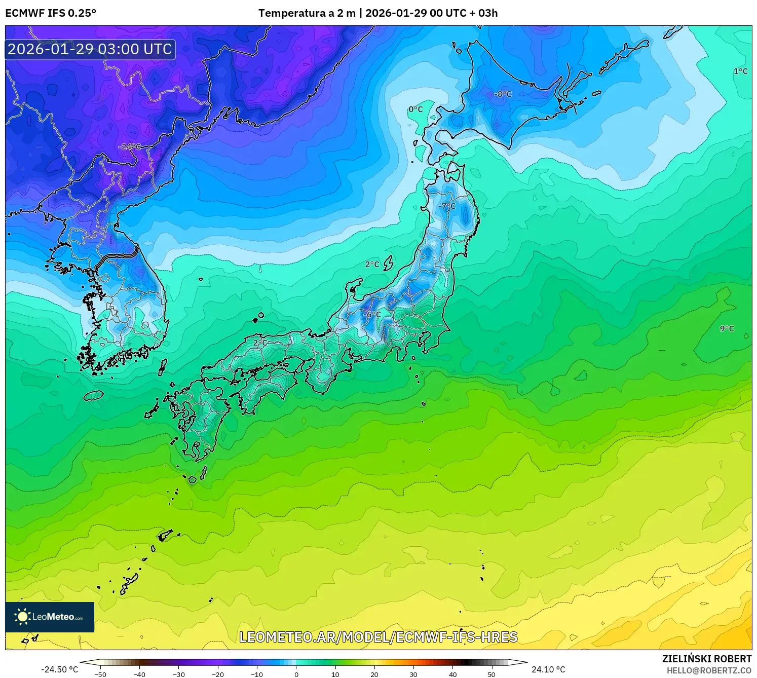 ECMWF IFS 0,25° model - Japão, Temperatura a 2 m