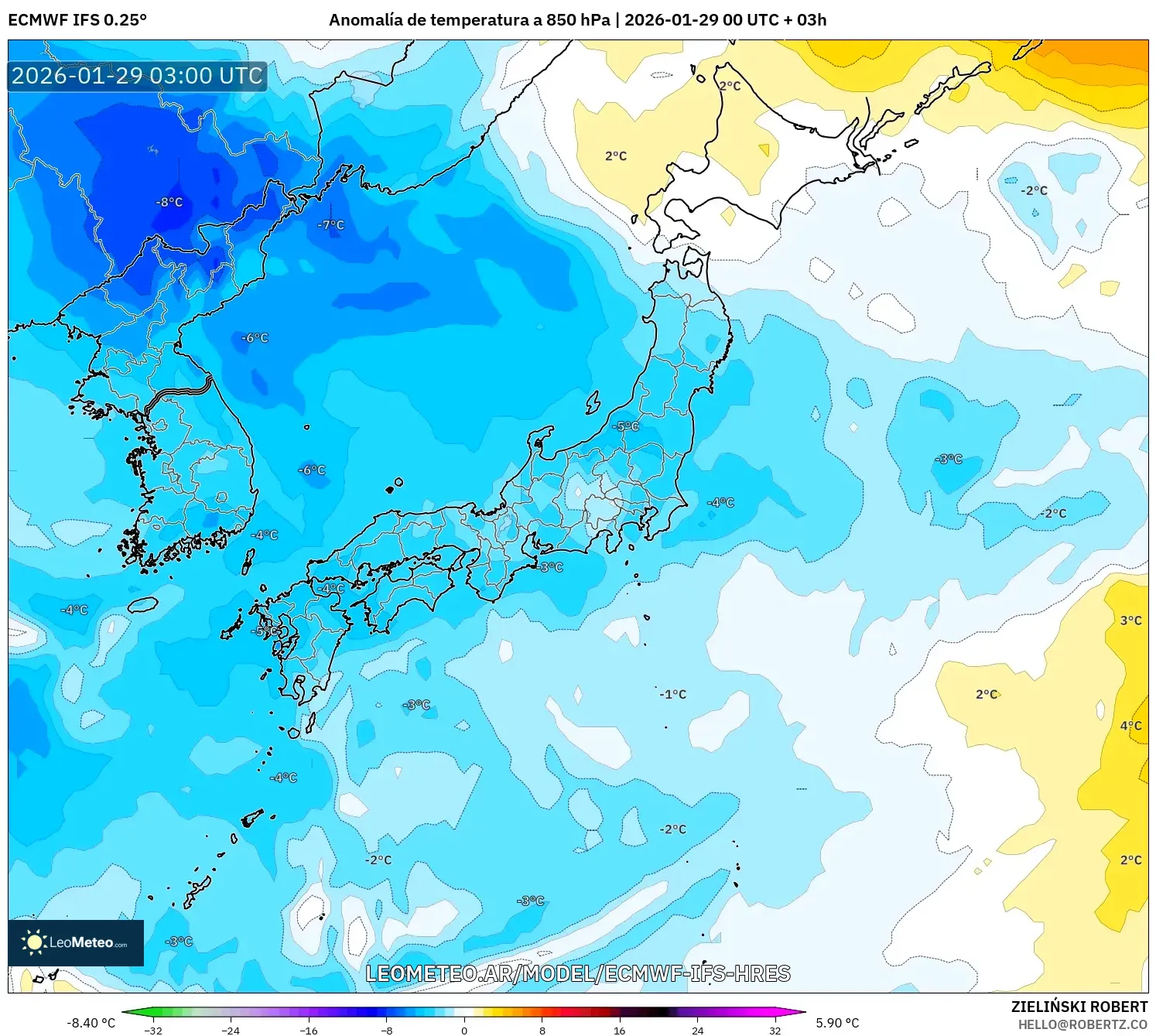 ECMWF IFS 0,25° model - Japão, Anomalia de temperatura a 850 hPa