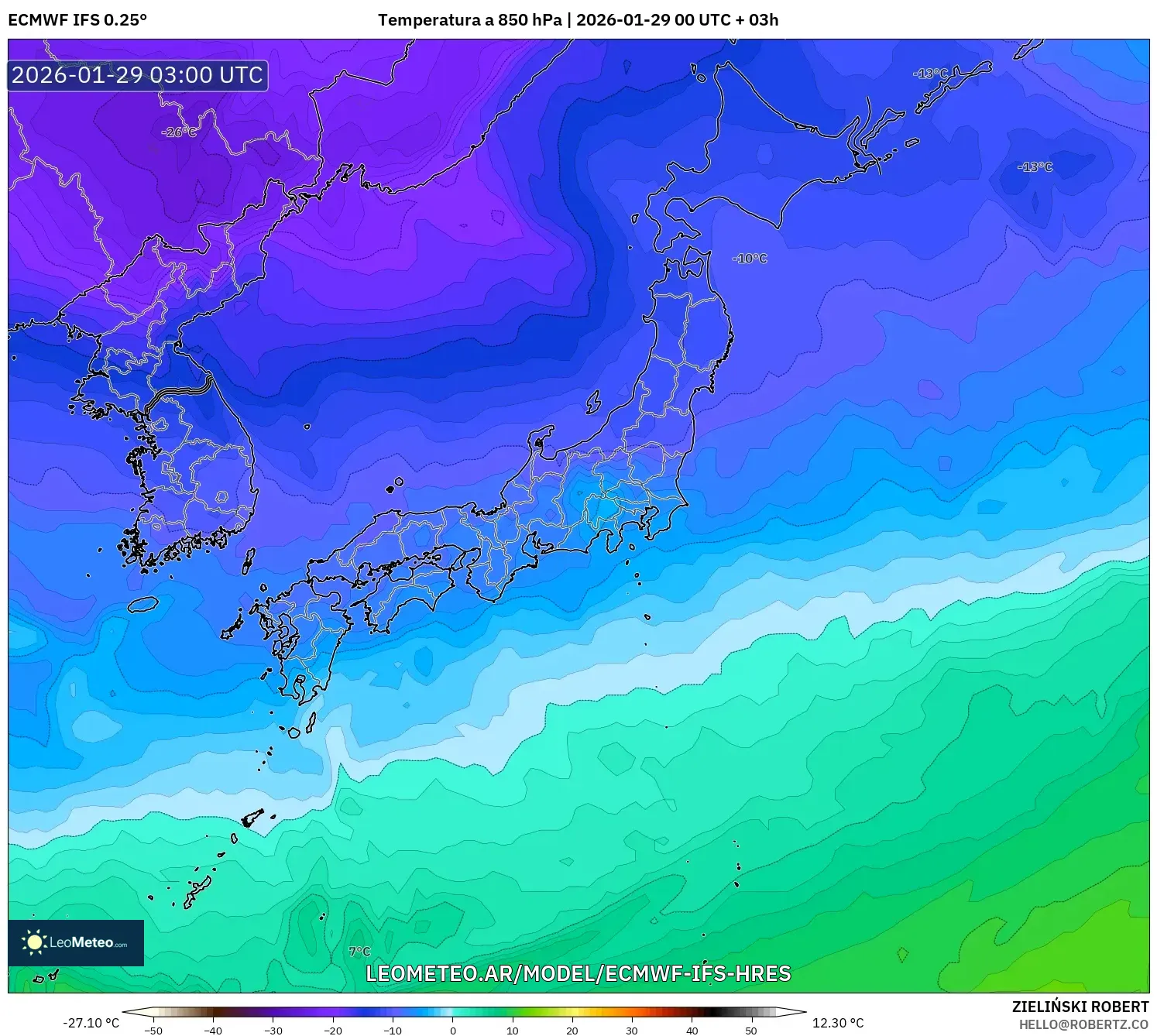 ECMWF IFS 0,25° model - Japão, Temperatura a 850 hPa