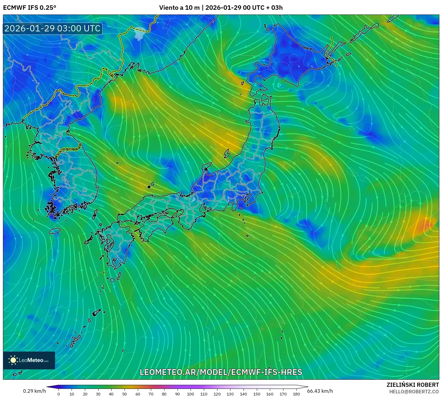 ECMWF IFS 0,25° model - Japão, Vento a 10 m