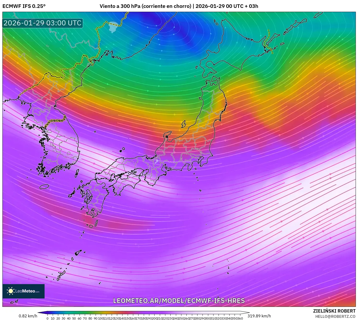 ECMWF IFS 0,25° model - Japão, Vento a 300 hPa (corrente em jato)
