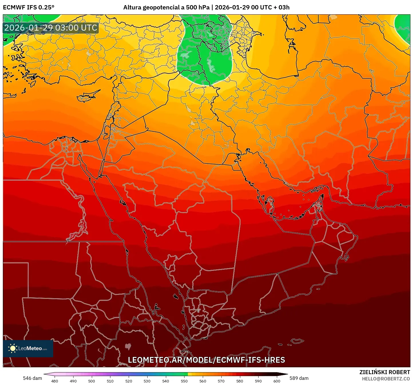 ECMWF IFS 0,25° model - Oriente Médio, Altura geopotencial a 500 hPa