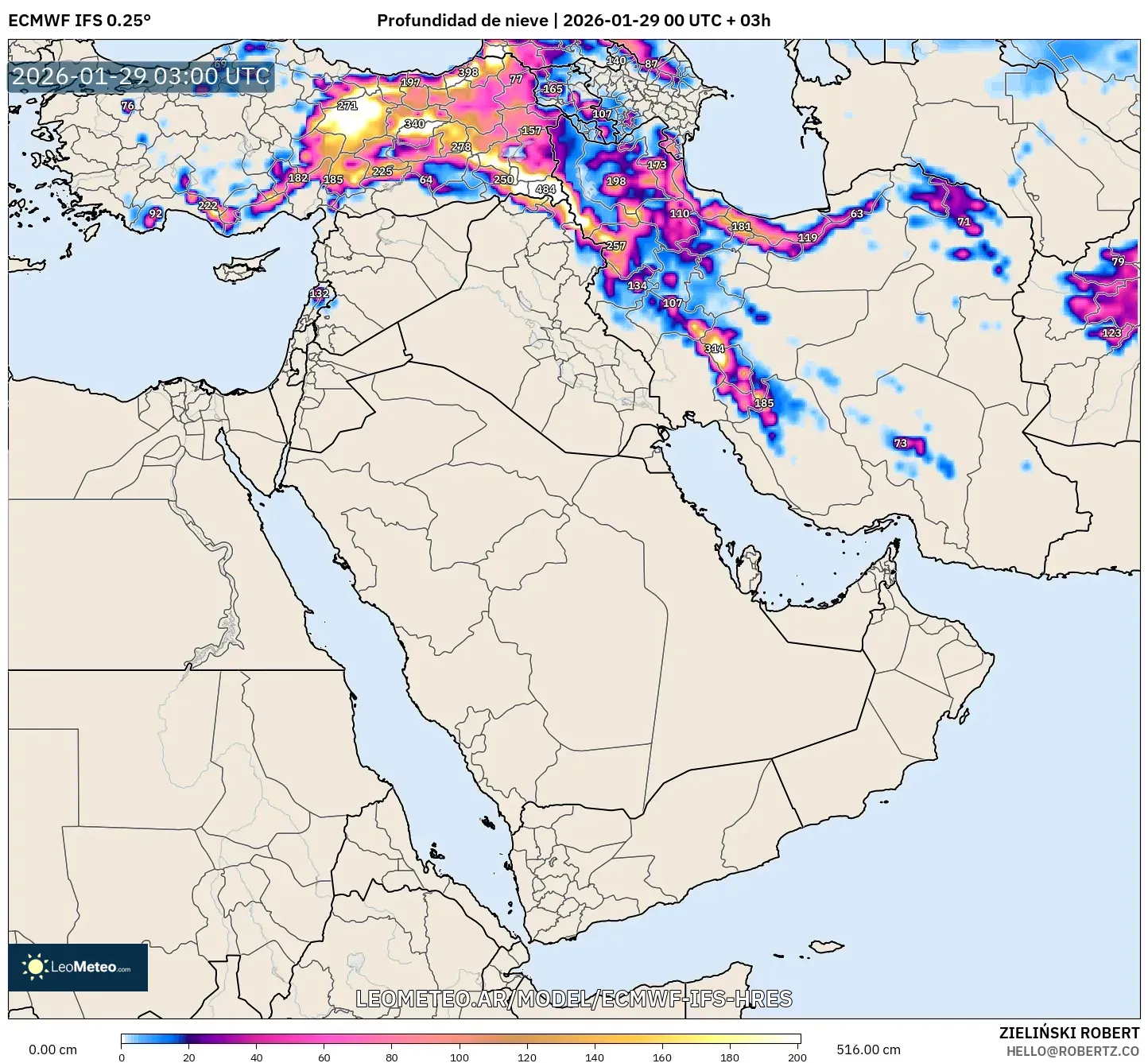 ECMWF IFS 0,25° model - Oriente Médio, Profundidade da neve