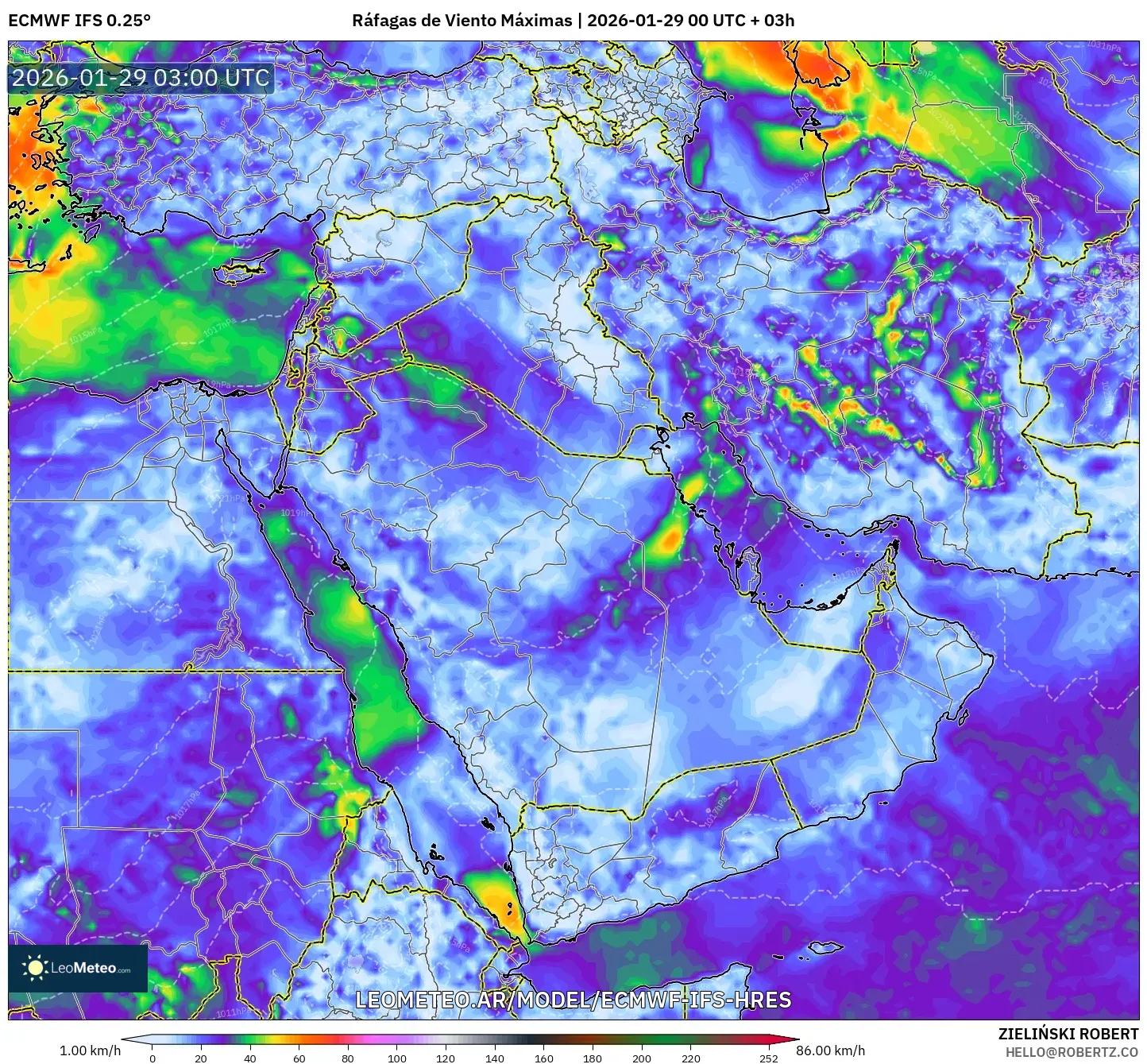 ECMWF IFS 0,25° model - Oriente Médio, Rajadas de Vento Máximas