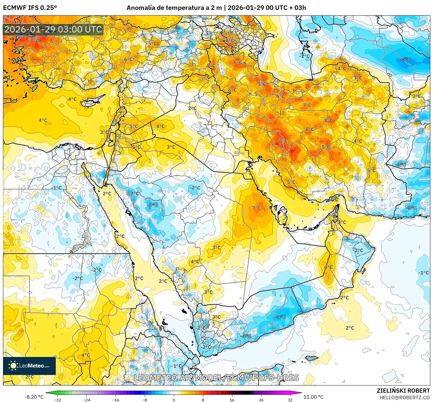 ECMWF IFS 0,25° model - Oriente Médio, Anomalia de temperatura a 2 m