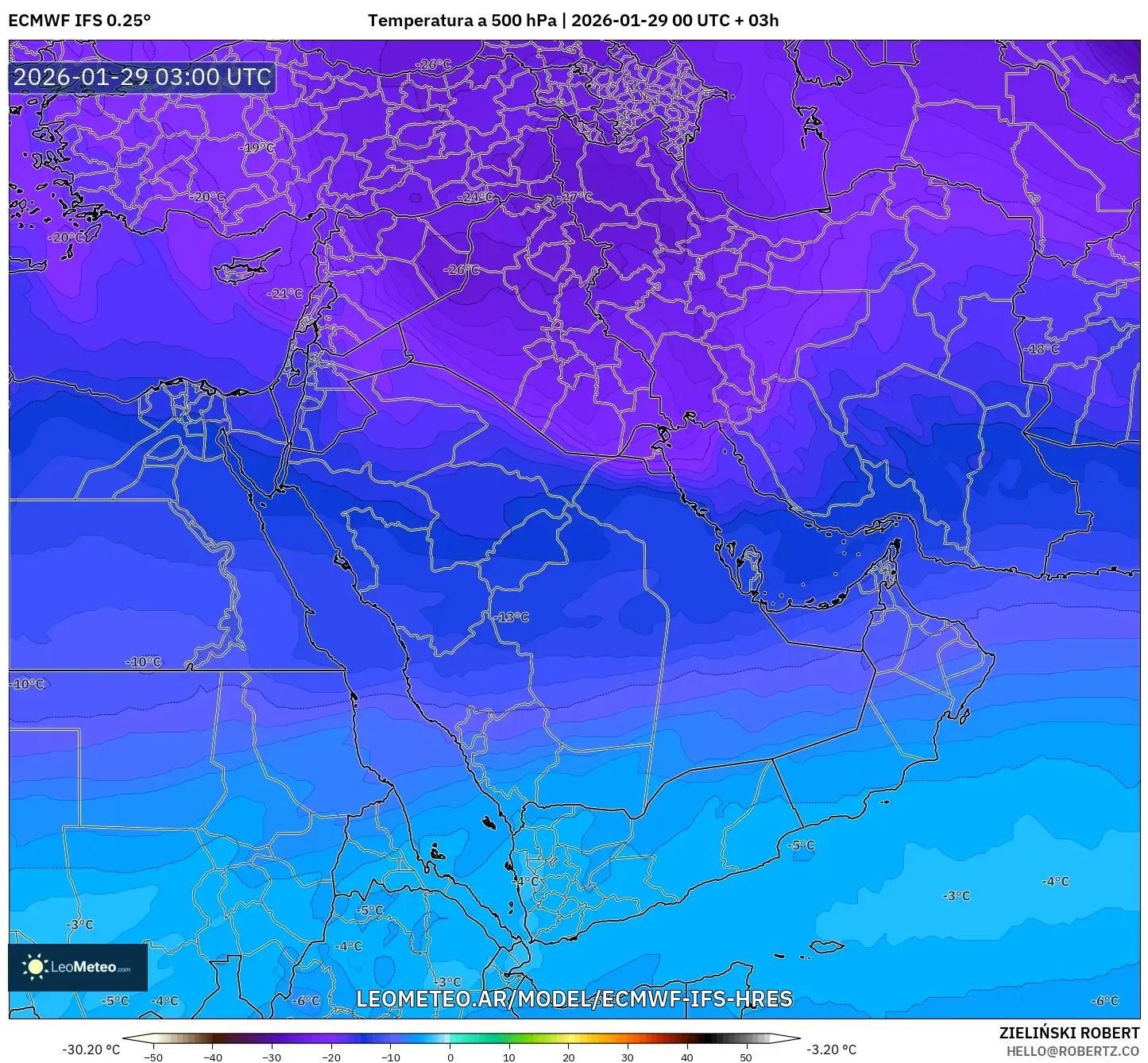 ECMWF IFS 0,25° model - Oriente Médio, Temperatura a 500 hPa