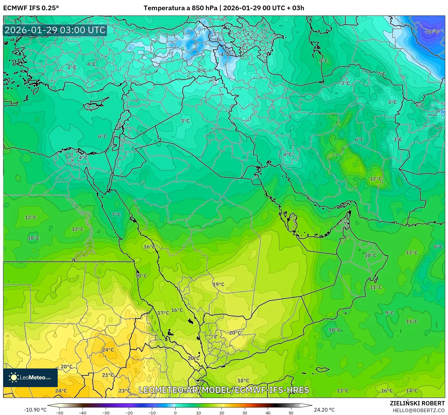 ECMWF IFS 0,25° model - Oriente Médio, Temperatura a 850 hPa