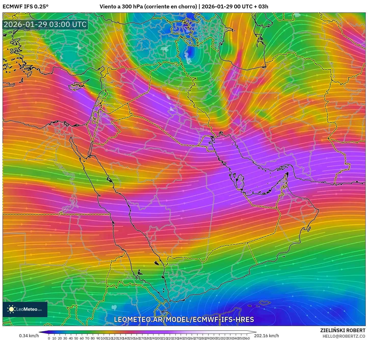 ECMWF IFS 0,25° model - Oriente Médio, Vento a 300 hPa (corrente em jato)