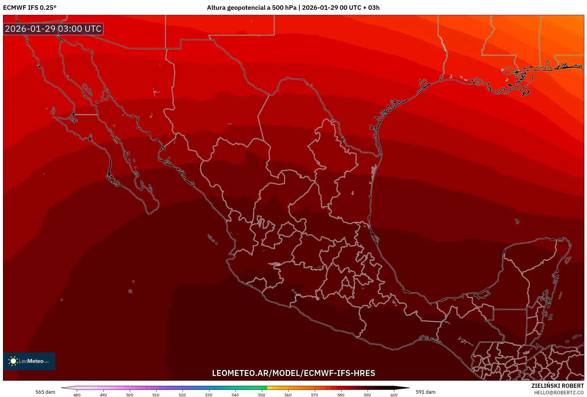 ECMWF IFS 0,25° model - México, Altura geopotencial a 500 hPa