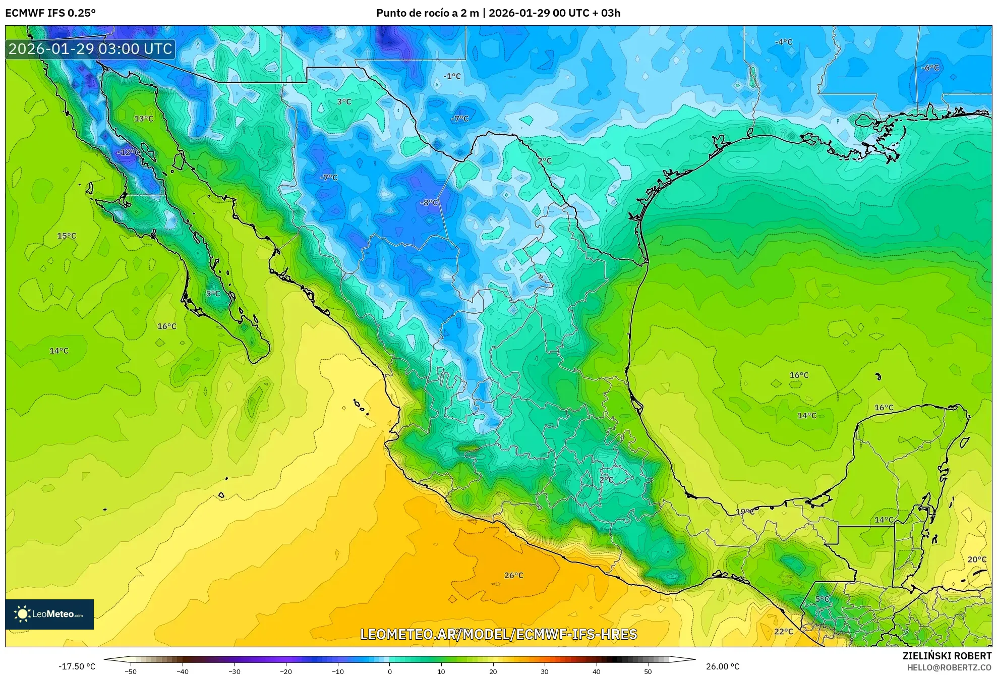 ECMWF IFS 0,25° model - México, Ponto de orvalho a 2 m