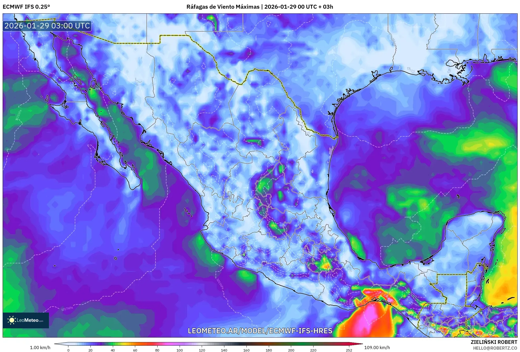 ECMWF IFS 0,25° model - México, Rajadas de Vento Máximas