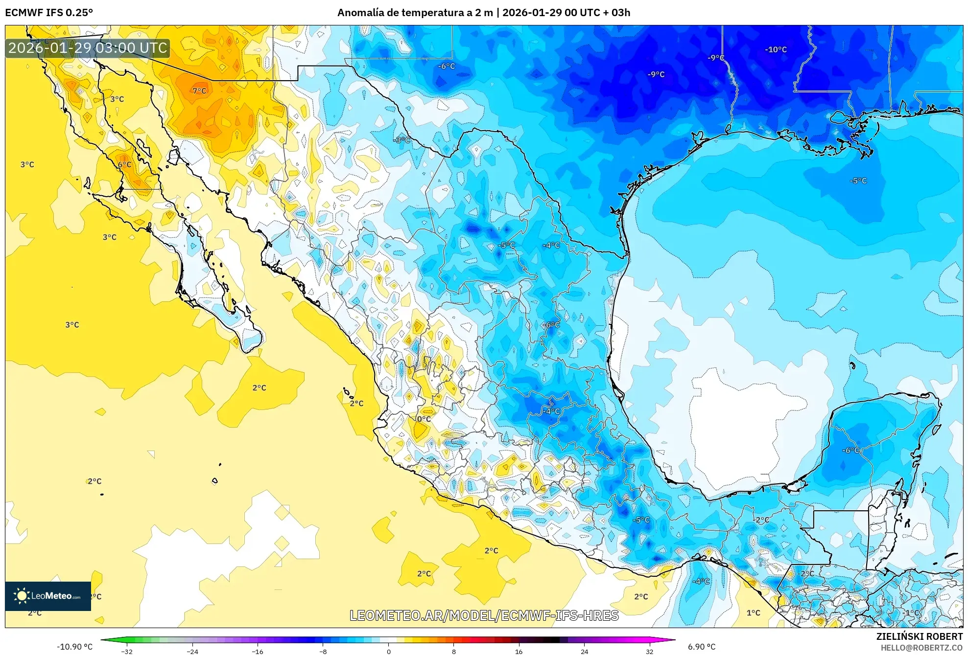 ECMWF IFS 0,25° model - México, Anomalia de temperatura a 2 m