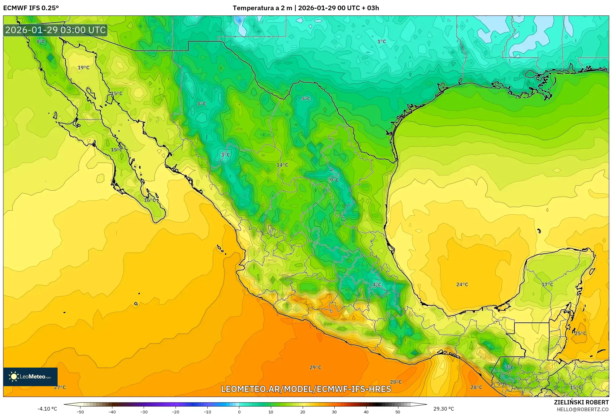 ECMWF IFS 0,25° model - México, Temperatura a 2 m