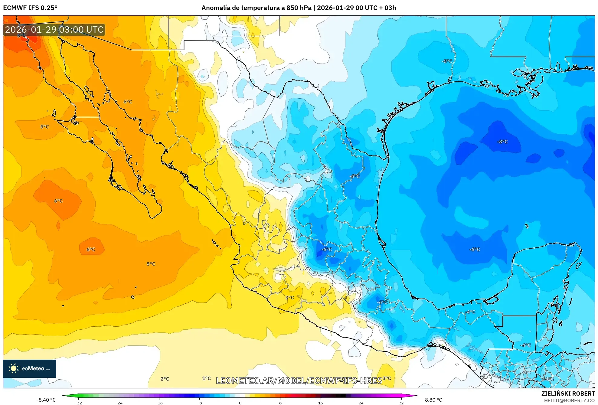 ECMWF IFS 0,25° model - México, Anomalia de temperatura a 850 hPa
