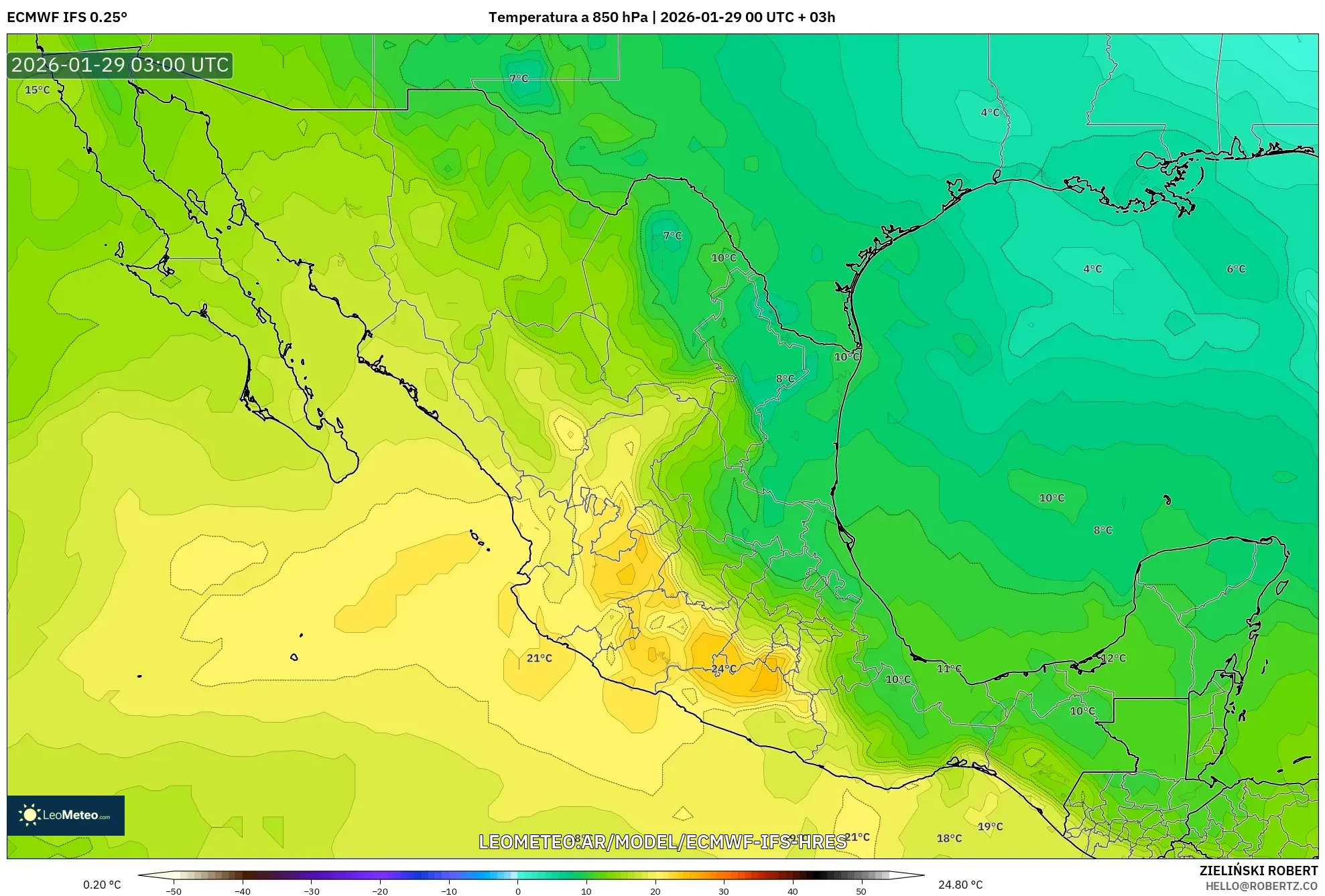 ECMWF IFS 0,25° model - México, Temperatura a 850 hPa