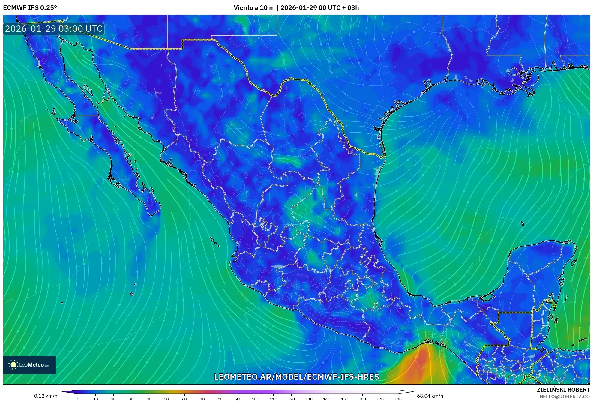 ECMWF IFS 0,25° model - México, Vento a 10 m