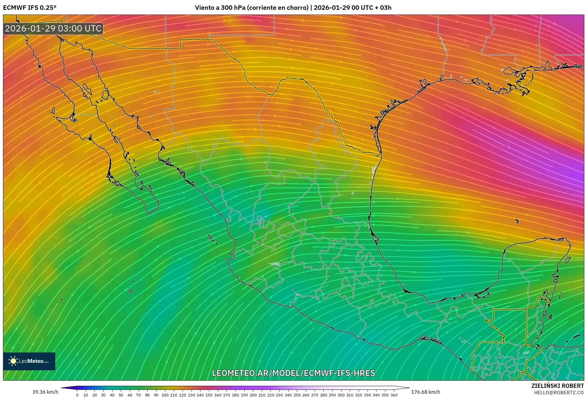 ECMWF IFS 0,25° model - México, Vento a 300 hPa (corrente em jato)