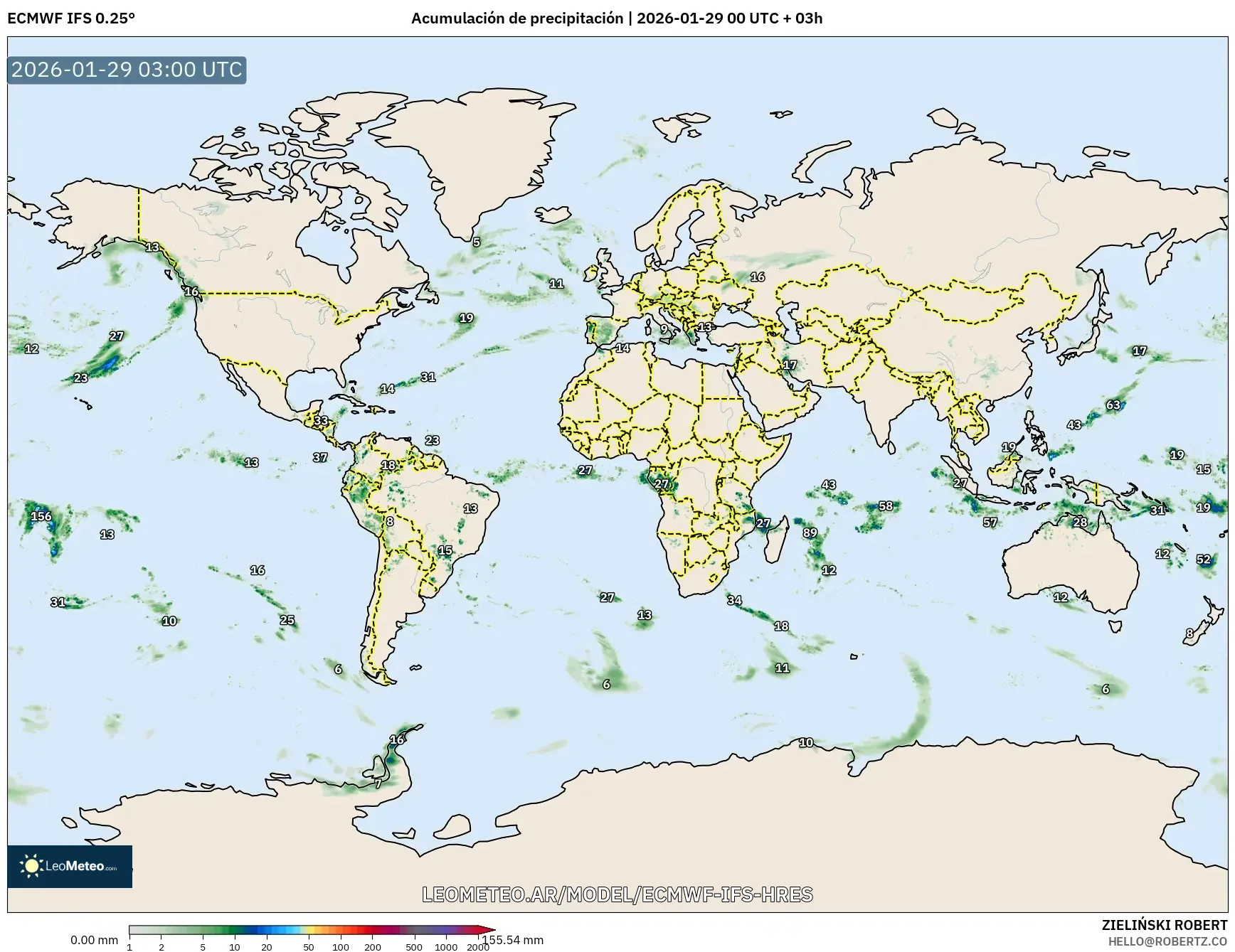 ECMWF IFS 0,25° model - Mundo, Acúmulo de precipitação