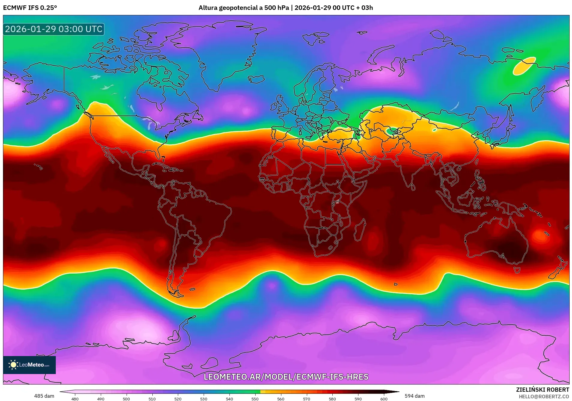 ECMWF IFS 0,25° model - Mundo, Altura geopotencial a 500 hPa