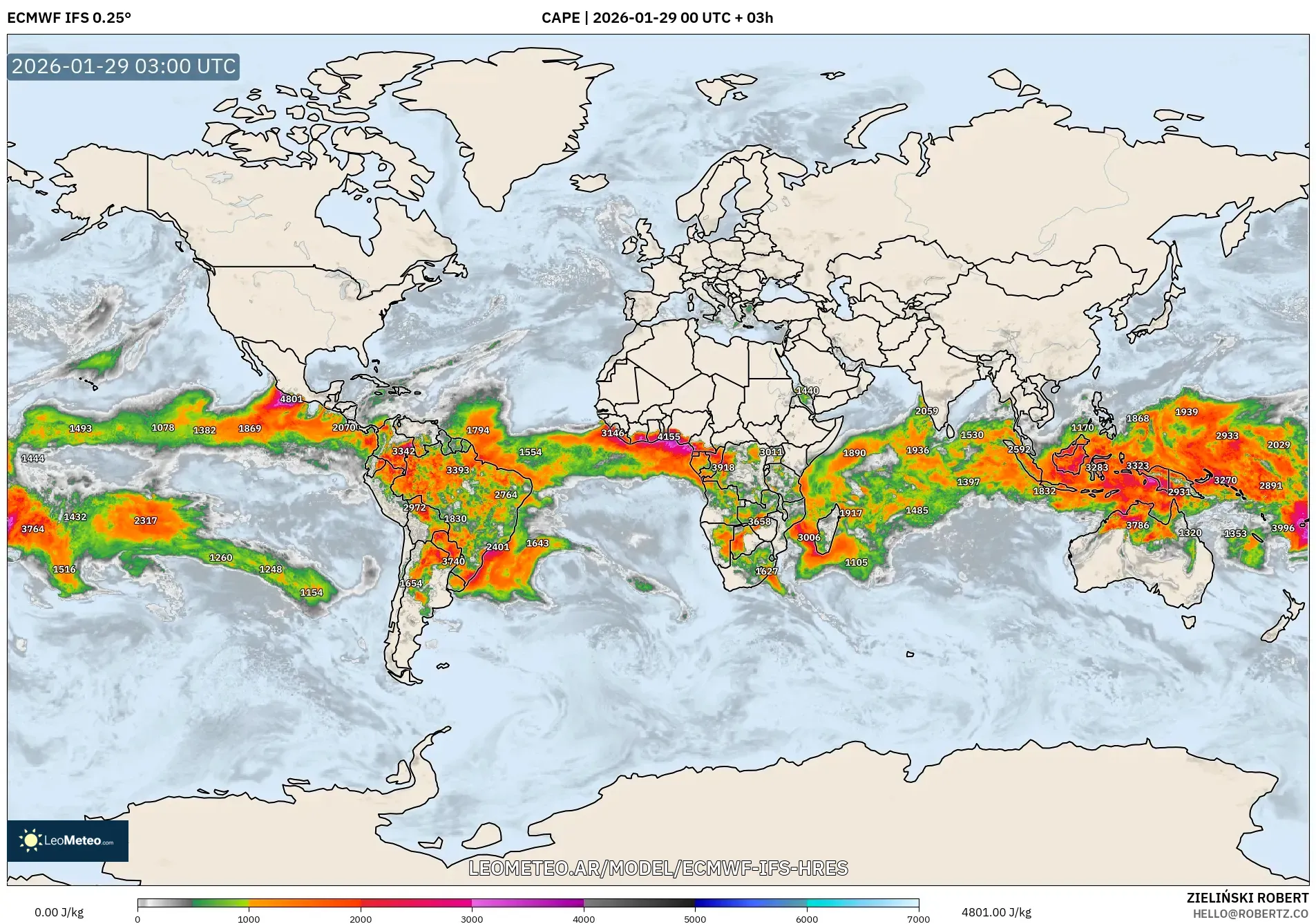 ECMWF IFS 0,25° model - Mundo, CAPE