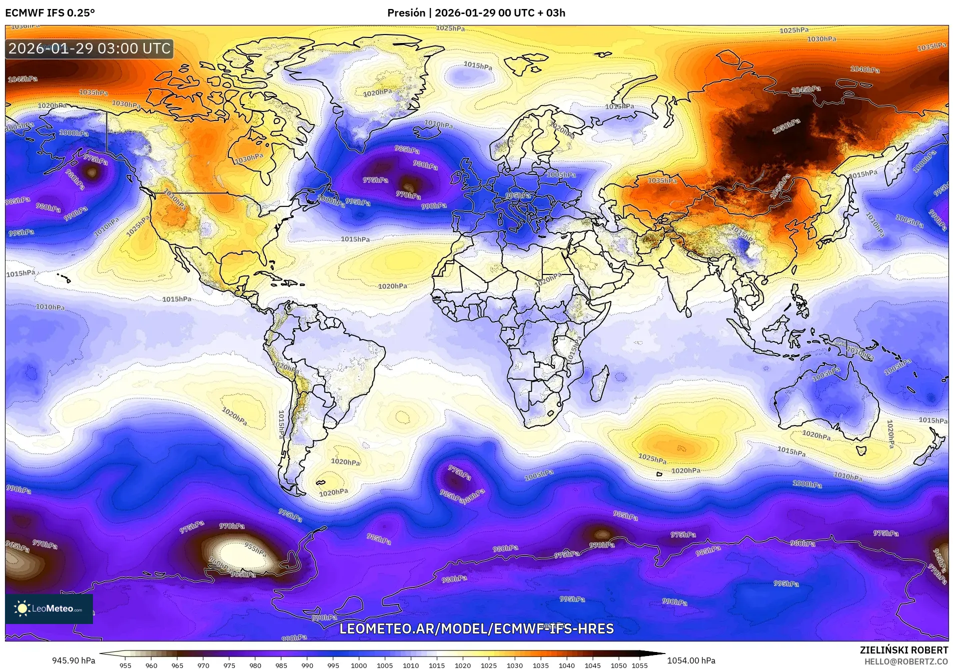 ECMWF IFS 0,25° model - Mundo, Pressão