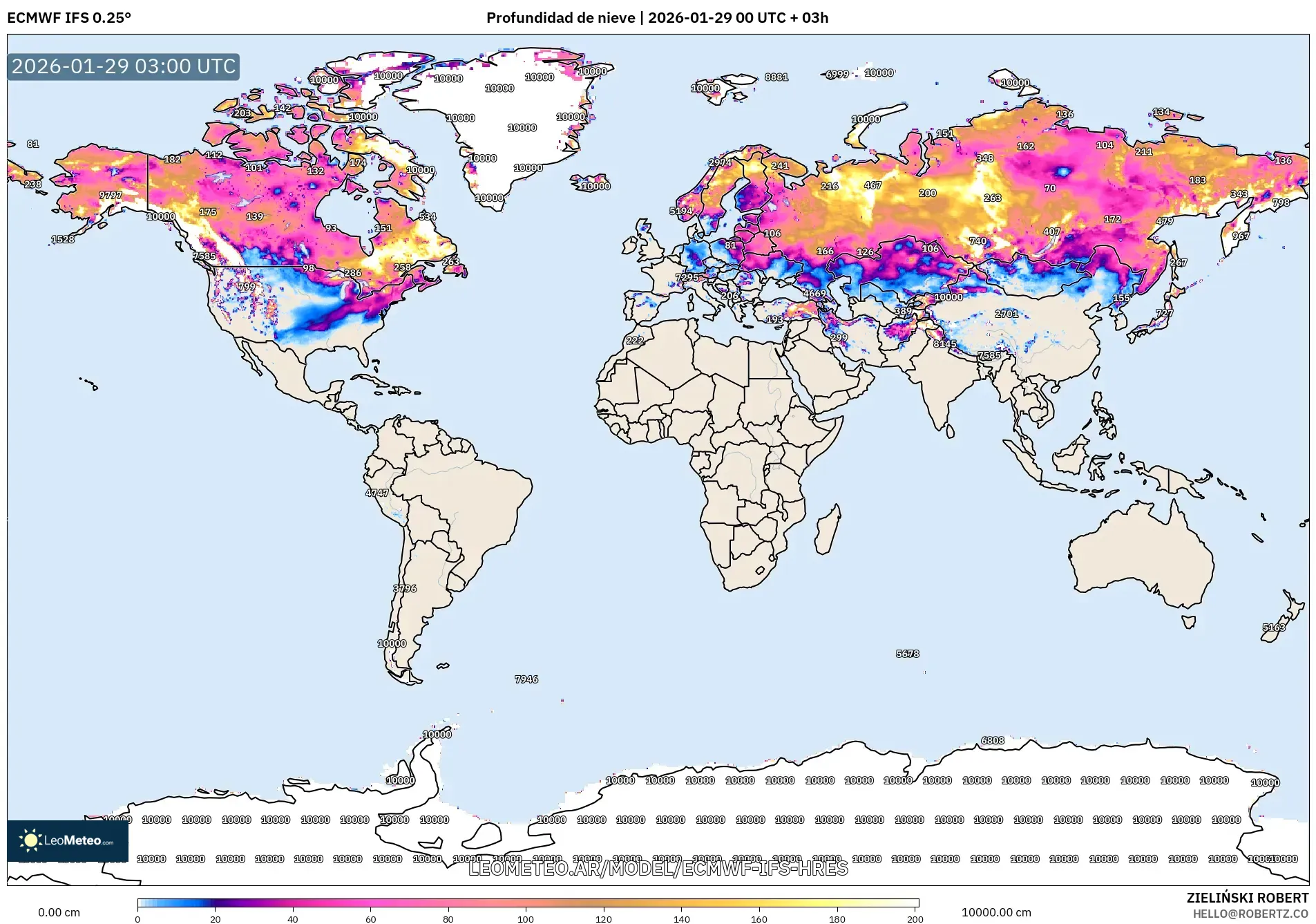 ECMWF IFS 0,25° model - Mundo, Profundidade da neve