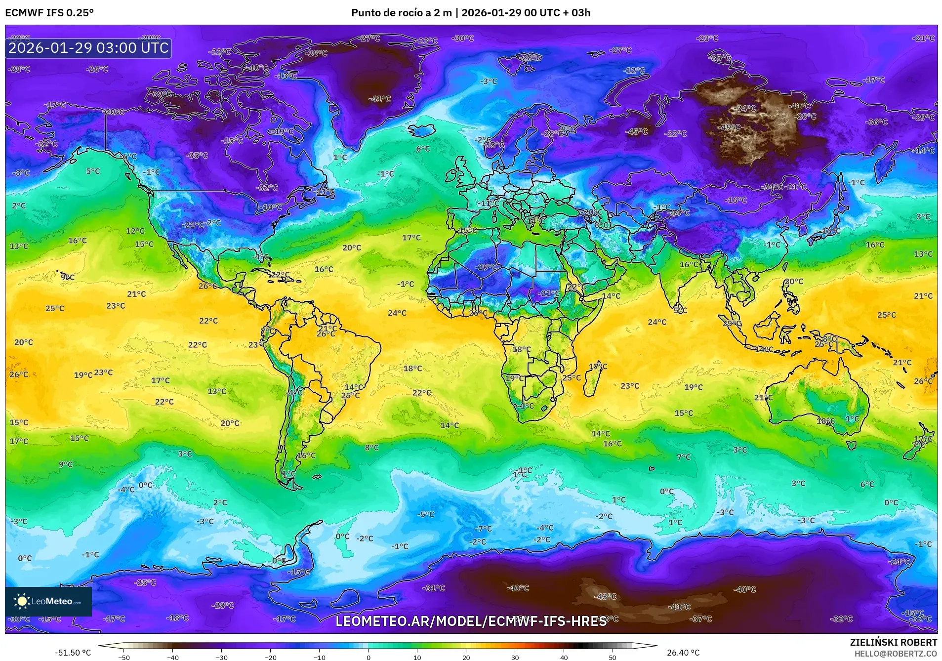ECMWF IFS 0,25° model - Mundo, Ponto de orvalho a 2 m