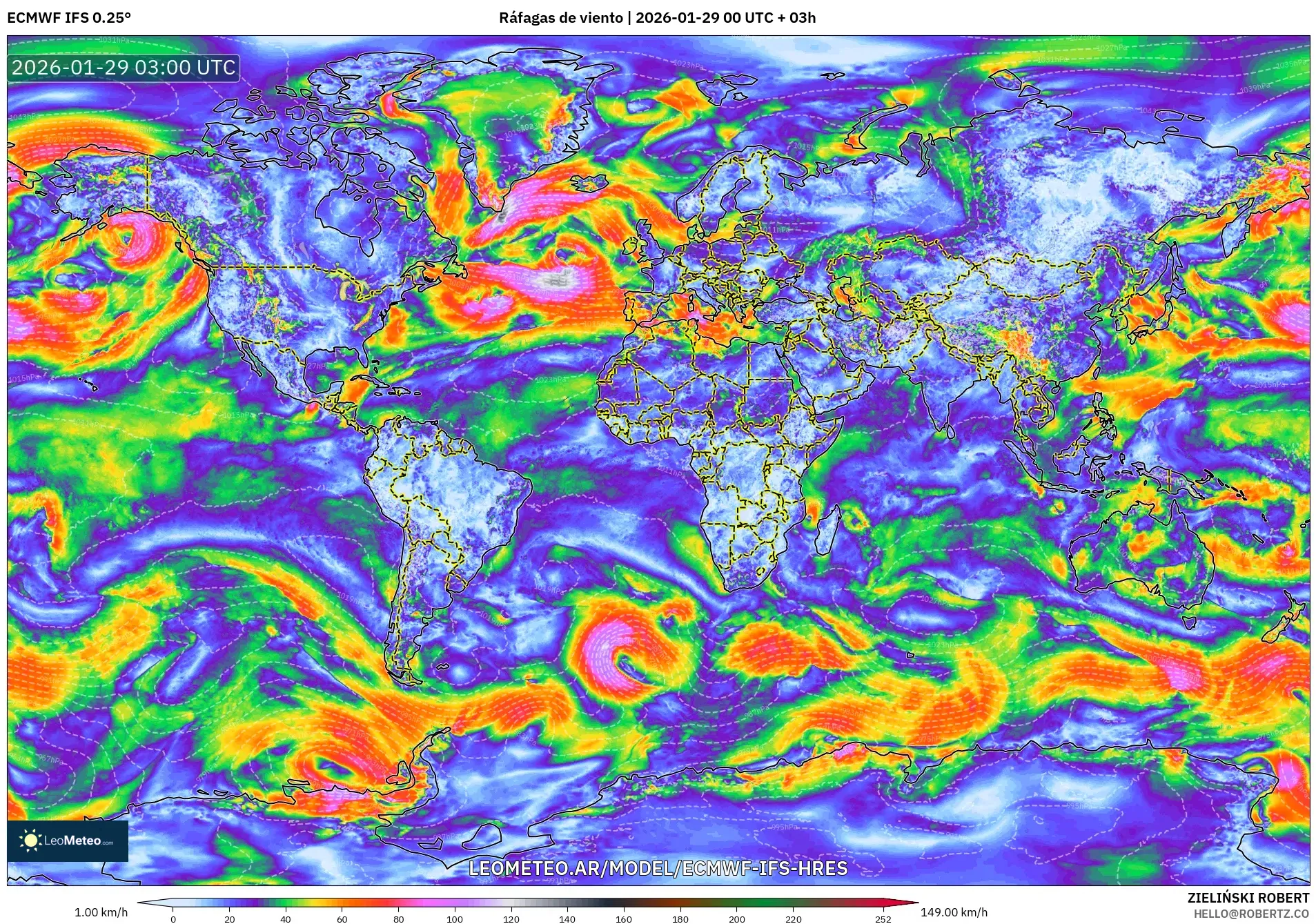 ECMWF IFS 0,25° model - Mundo, Rajadas de vento