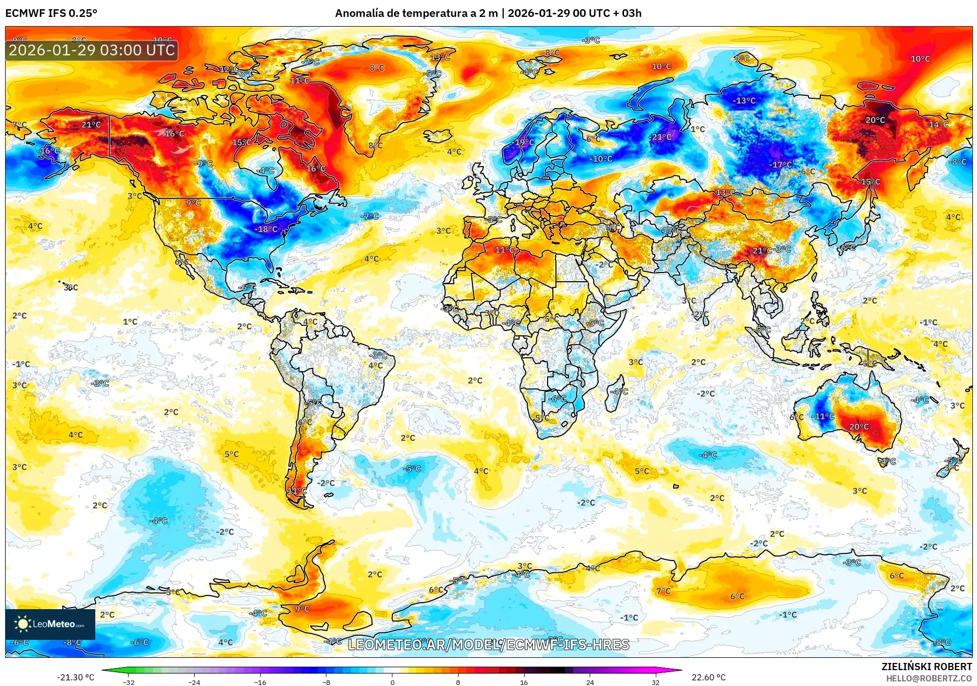 ECMWF IFS 0,25° model - Mundo, Anomalia de temperatura a 2 m