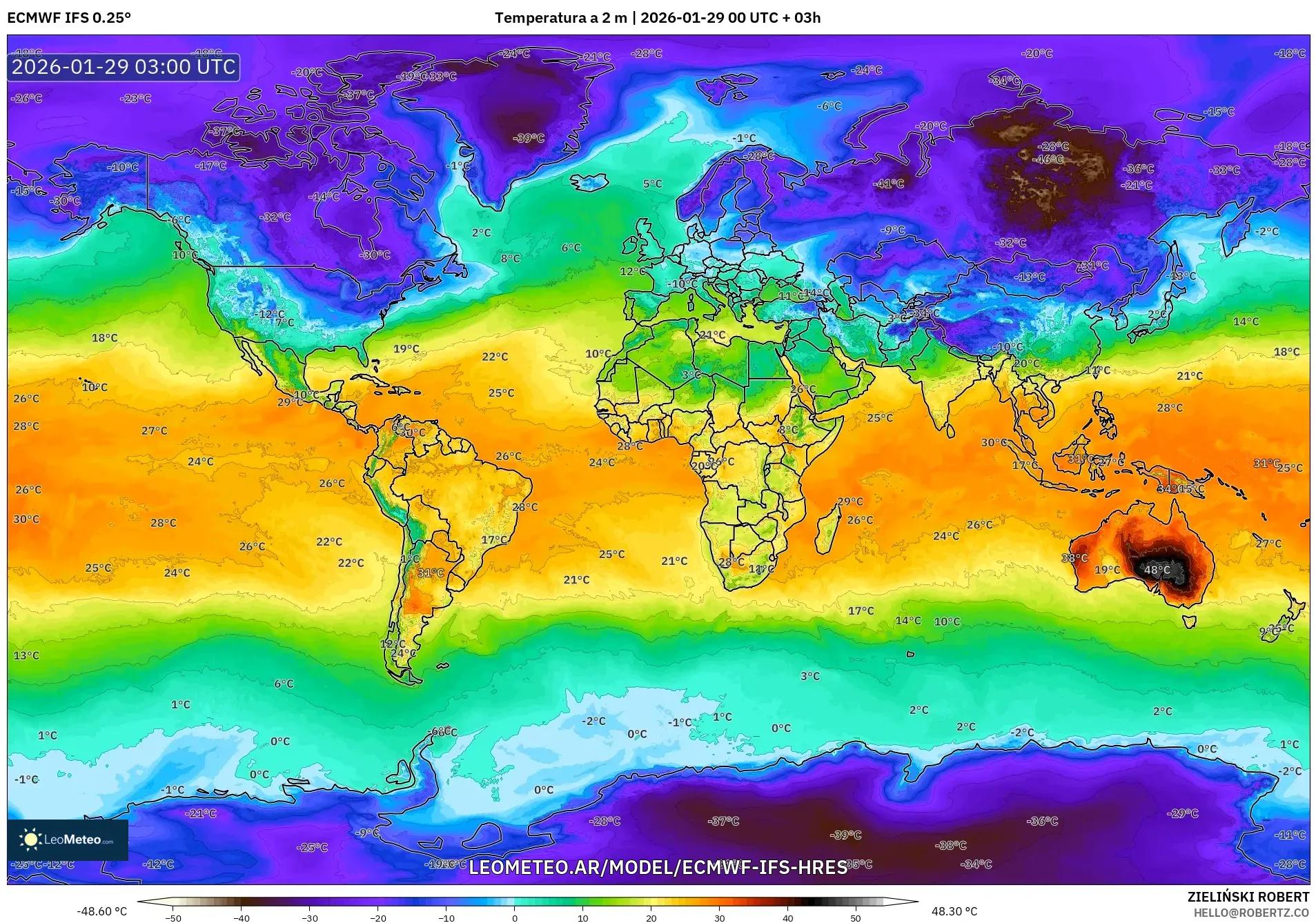 ECMWF IFS 0,25° model - Mundo, Temperatura a 2 m