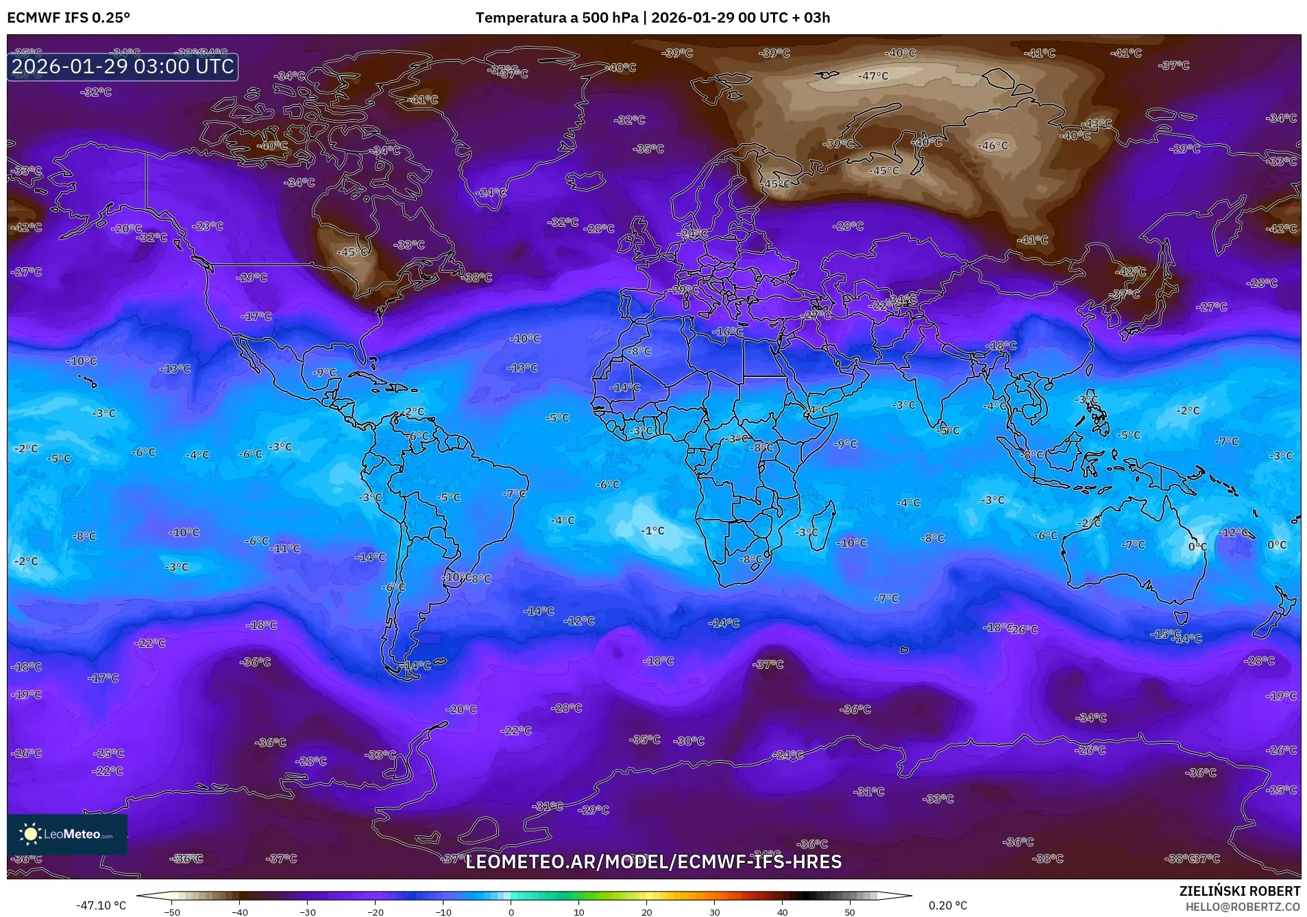 ECMWF IFS 0,25° model - Mundo, Temperatura a 500 hPa