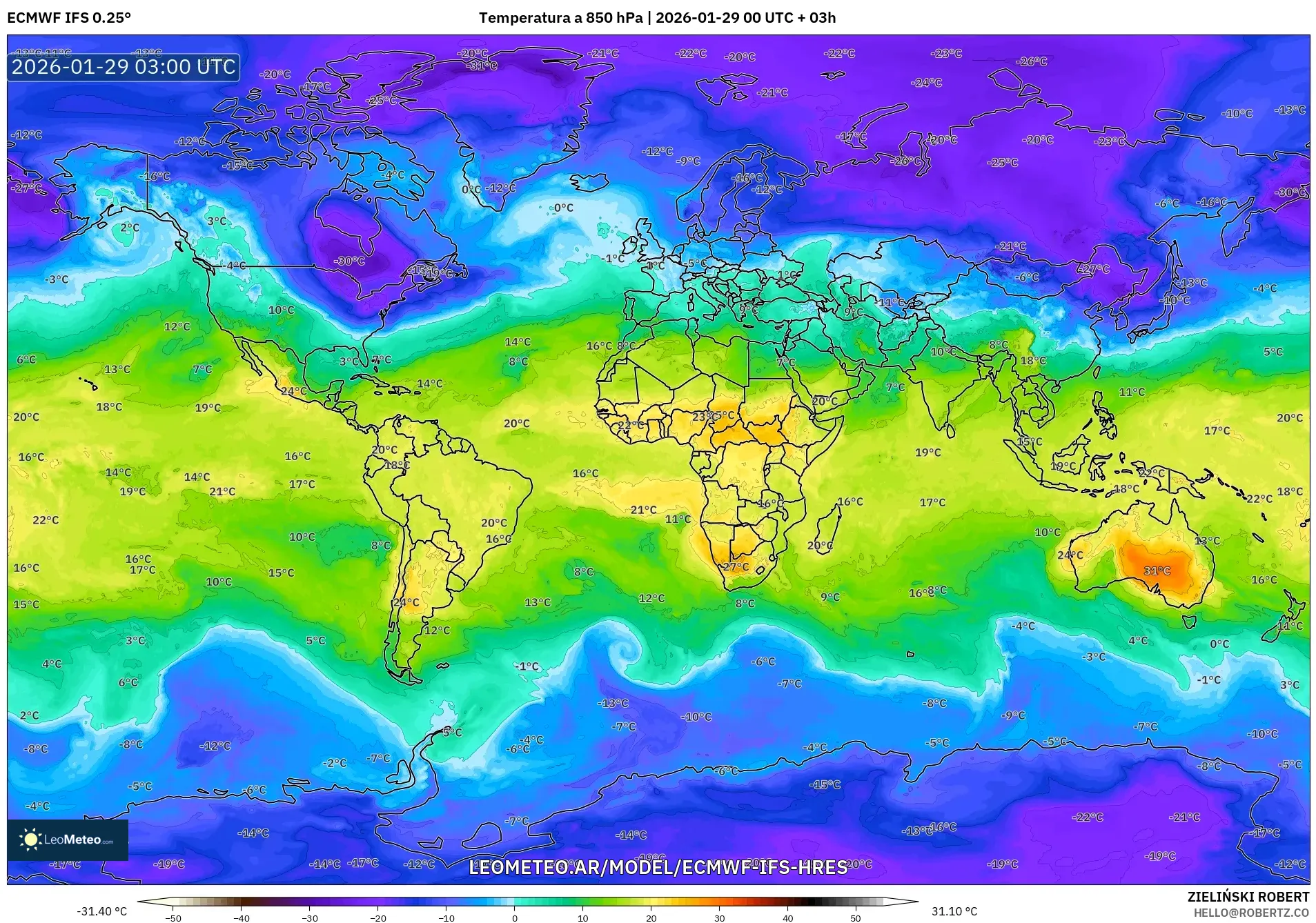ECMWF IFS 0,25° model - Mundo, Temperatura a 850 hPa
