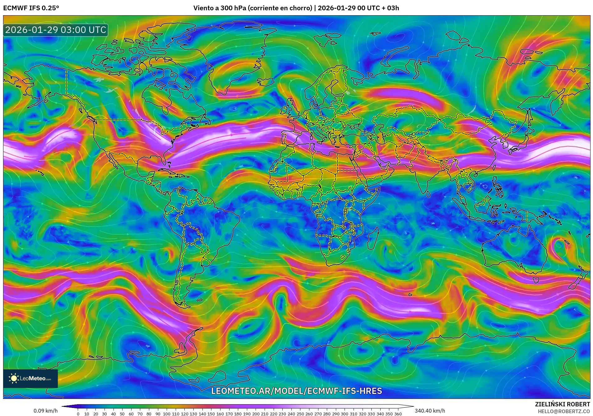 ECMWF IFS 0,25° model - Mundo, Vento a 300 hPa (corrente em jato)