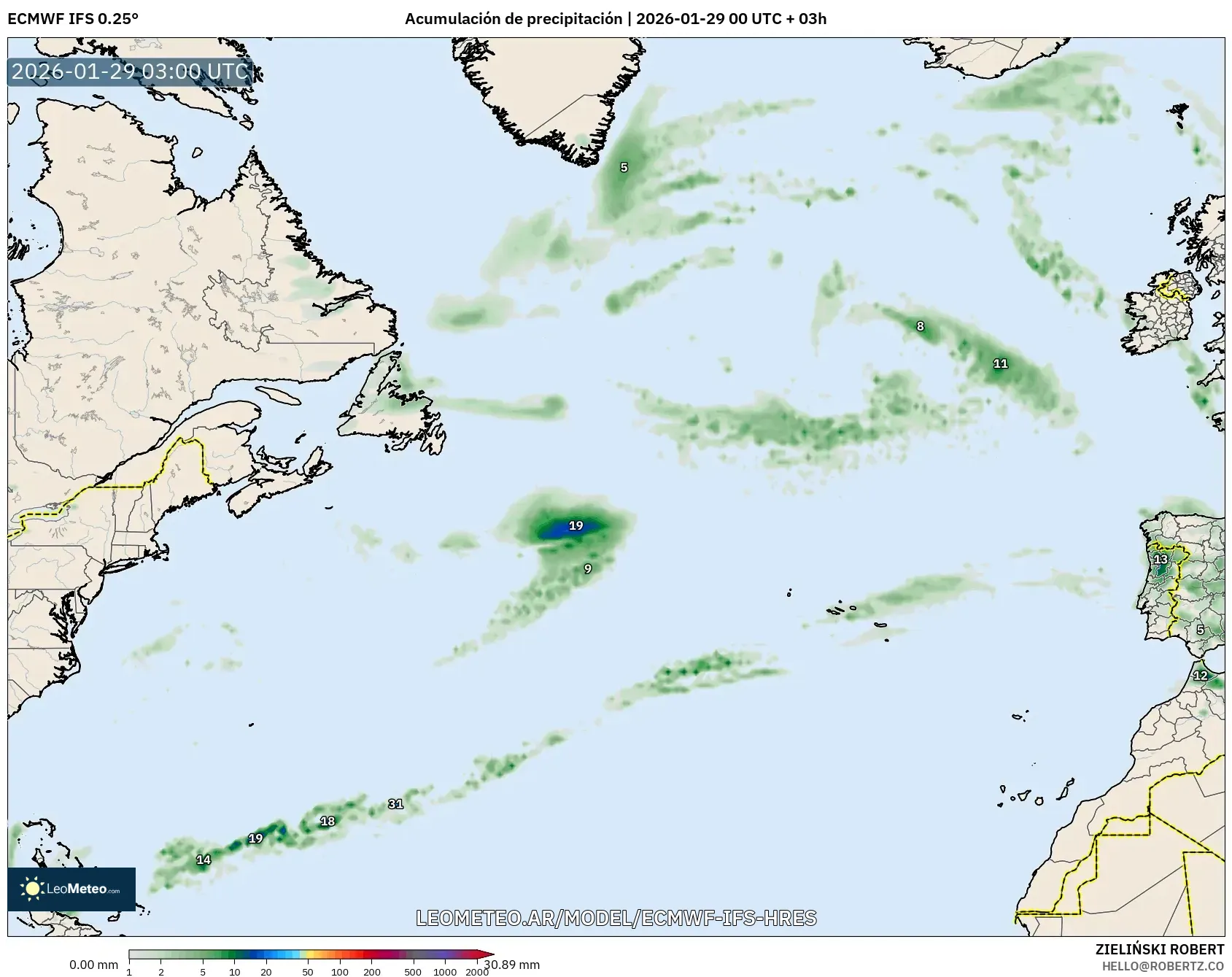 ECMWF IFS 0,25° model - Atlântico Norte, Acúmulo de precipitação