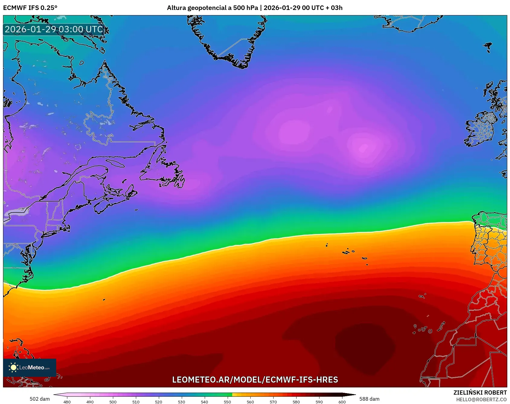 ECMWF IFS 0,25° model - Atlântico Norte, Altura geopotencial a 500 hPa