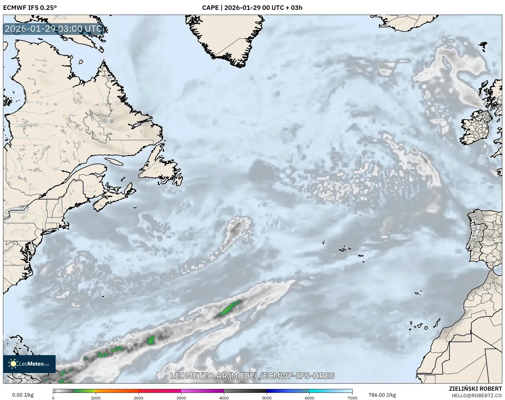 ECMWF IFS 0,25° model - Atlântico Norte, CAPE