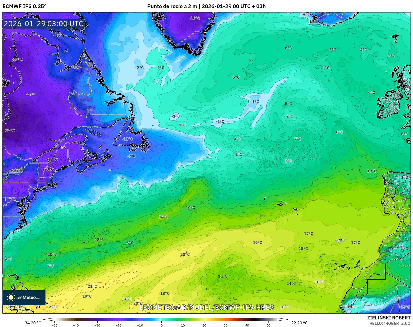 ECMWF IFS 0,25° model - Atlântico Norte, Ponto de orvalho a 2 m