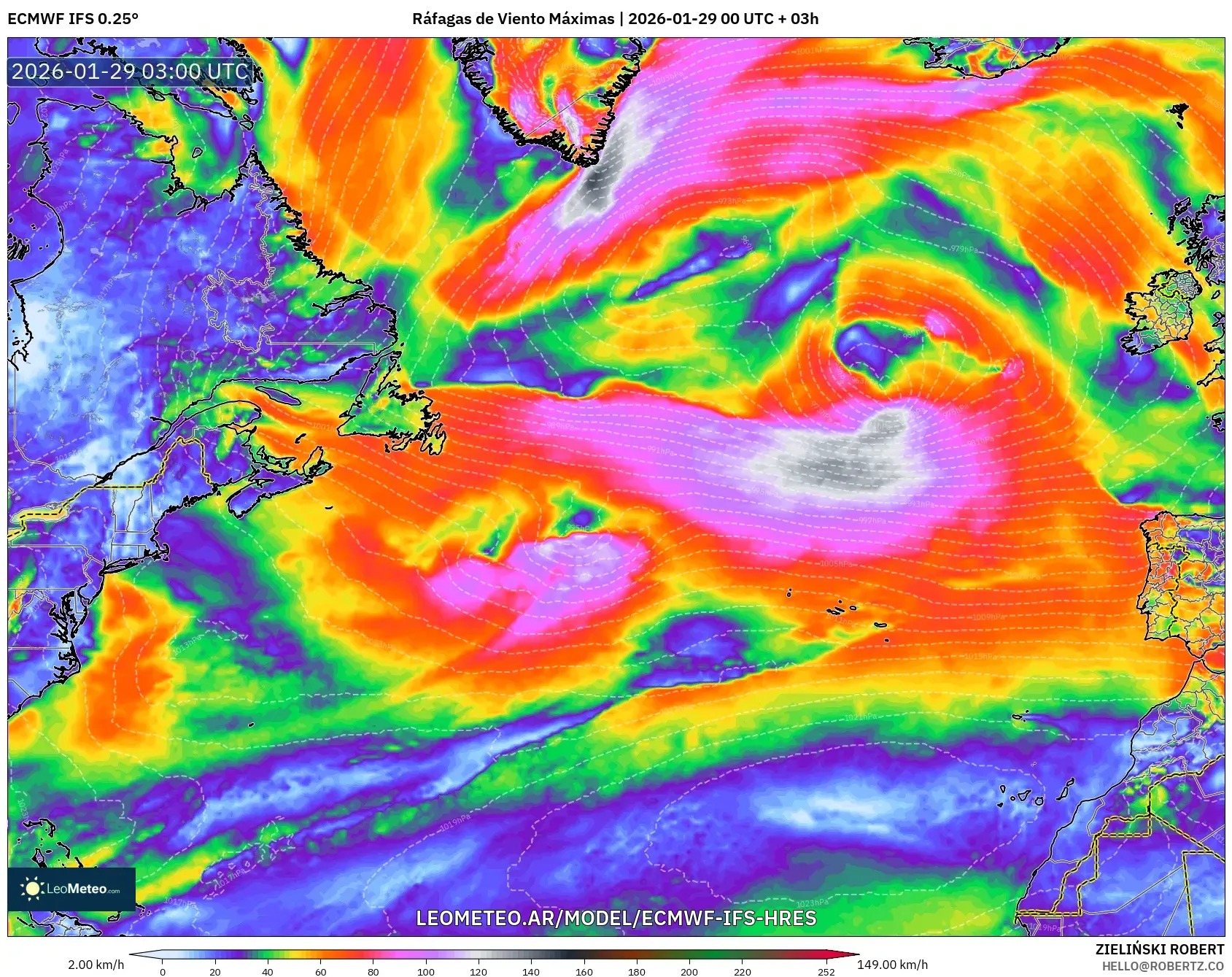 ECMWF IFS 0,25° model - Atlântico Norte, Rajadas de Vento Máximas
