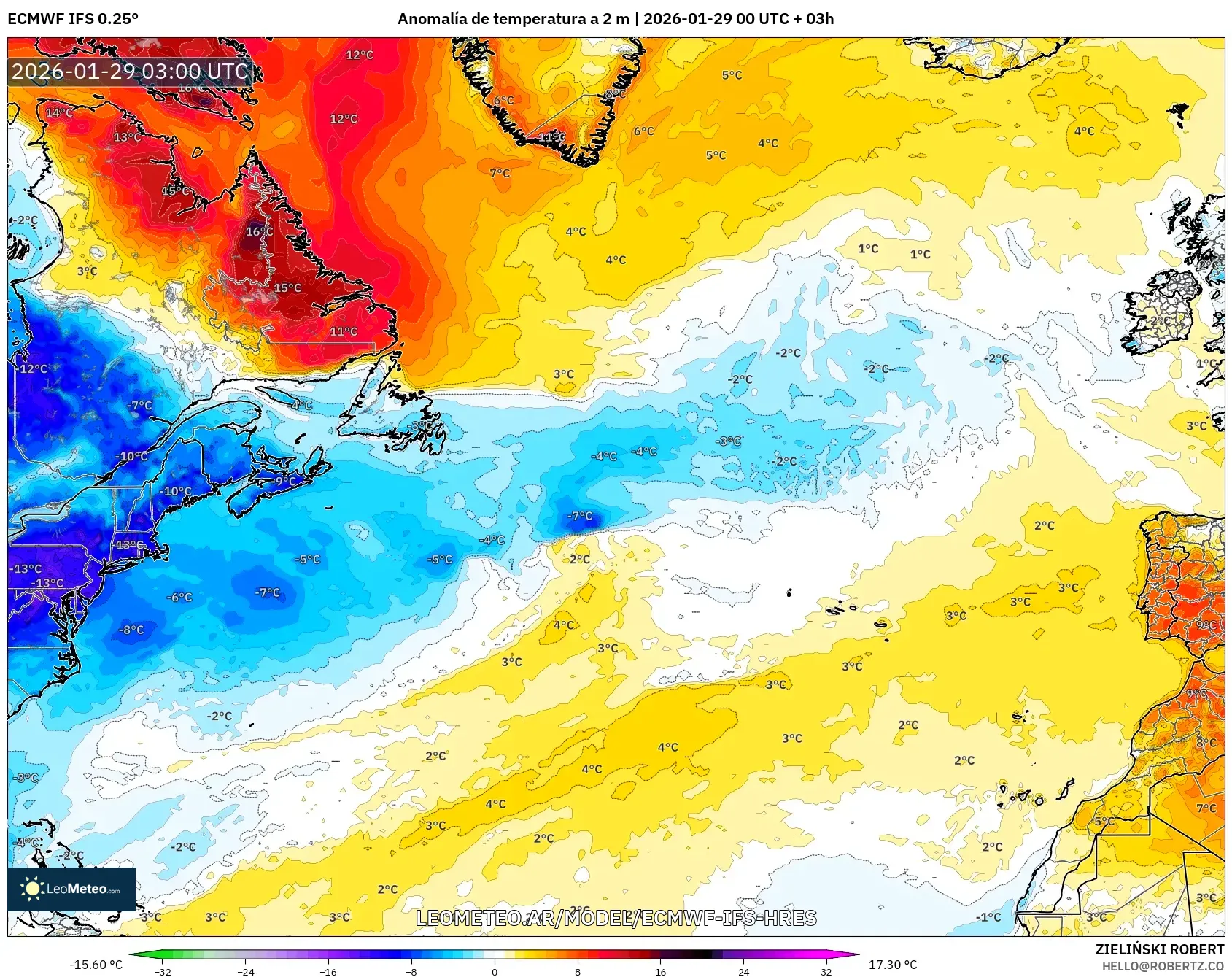 ECMWF IFS 0,25° model - Atlântico Norte, Anomalia de temperatura a 2 m