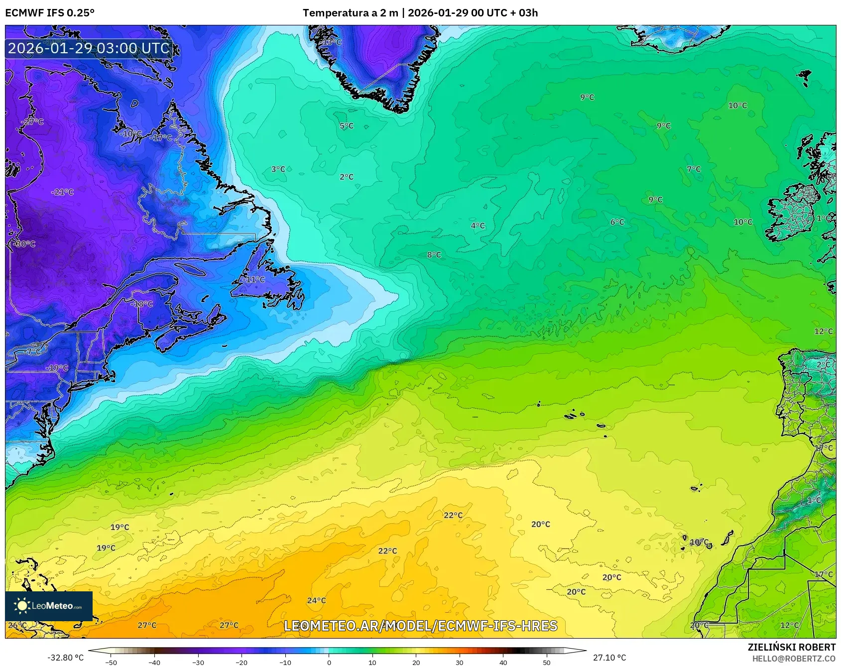 ECMWF IFS 0,25° model - Atlântico Norte, Temperatura a 2 m