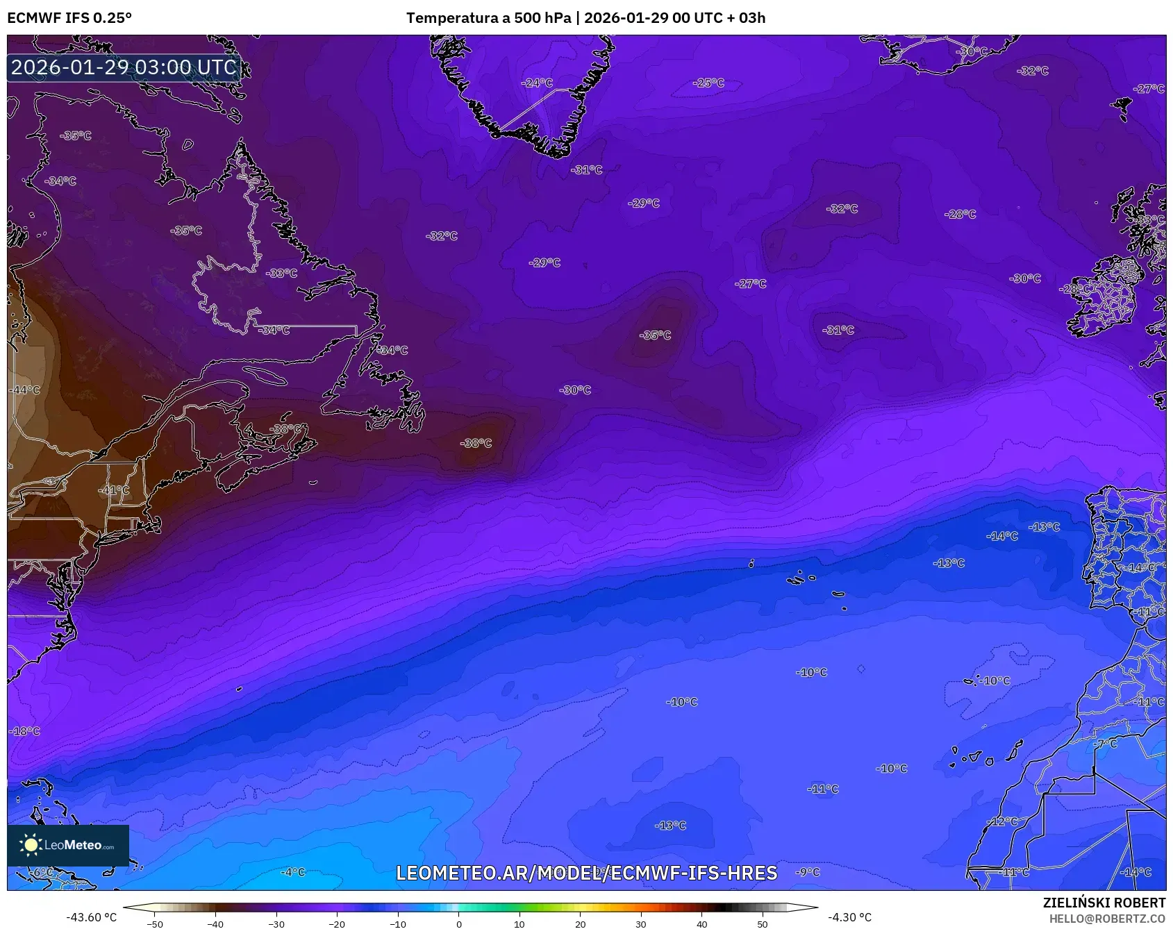 ECMWF IFS 0,25° model - Atlântico Norte, Temperatura a 500 hPa